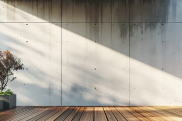 Poster - A wooden floor with a concrete wall background
