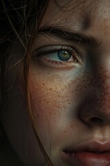 Poster - A close-up shot of a woman's face featuring freckles, ideal for beauty and cosmetics related projects or as a standalone portrait