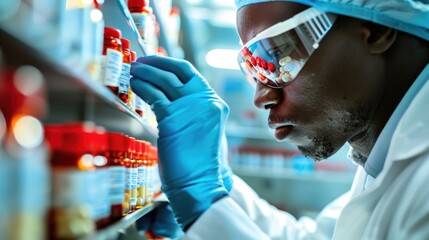 Sticker - A scientist in a lab setting examines a chemical bottle, wearing a lab coat and goggles