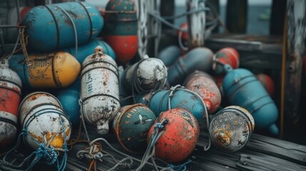 Poster - A pile of buoys resting on a wooden dock, great for water or beach scenes