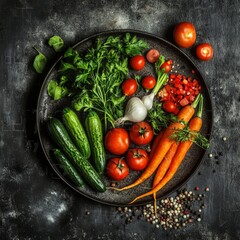 Wall Mural - Vegetarian food: veggies on dark background.