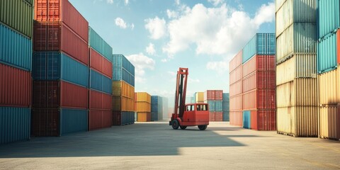 Poster - A forklift moves through a large container yard, showing industrial activity
