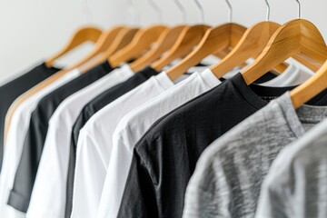 Aufkleber - Close-up view of multiple T-shirts displayed on a wooden hanger, perfect for e-commerce or fashion-related content