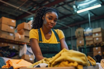 Aufkleber - A woman working in a factory surrounded by boxes, with a focus on her hands and the task at hand