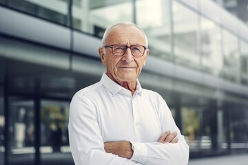 Sticker - Portrait of a content man in his 80s showing off a lightweight base layer in front of sophisticated corporate office background