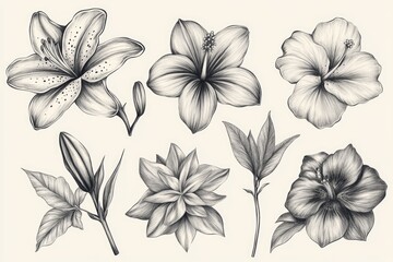 Poster - Illustrated flowers and leaves on a white background