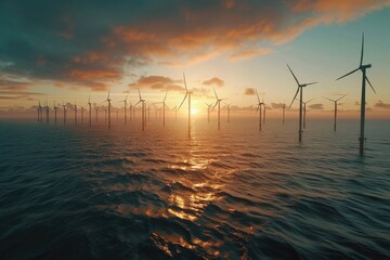 Wall Mural - A group of windmills standing tall in the ocean at sunset, with the sky turning pink and orange