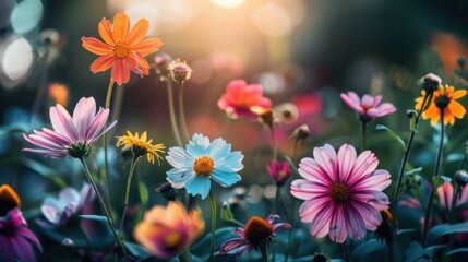 Sticker - Vibrant flowers bloom in colorful garden, showcasing variety of hues and shapes. sunlight creates warm, inviting atmosphere, enhancing beauty of natures palette