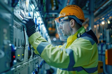 Aufkleber - A person in a hard hat works on a machine