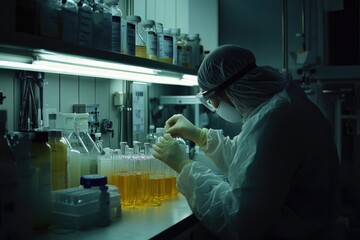 Poster - A woman in a lab coat works in a laboratory, surrounded by equipment and scientific tools