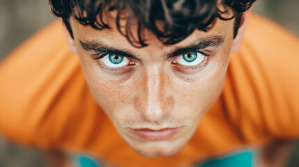 A close-up of a young man with curly hair and striking blue eyes, looking directly at the camera with an intense expression.