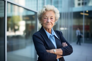 Sticker - Portrait of a cheerful elderly 100 year old woman sporting a breathable mesh jersey in sophisticated corporate office background