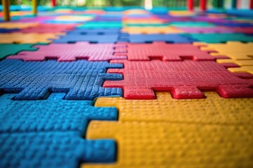Poster - A detailed shot of a vibrant puzzle mat with various shapes and colors, ideal for illustrating creativity and problem-solving