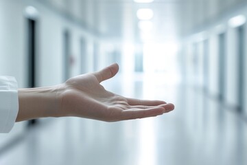 Poster - A person stretching out their hand in a dimly lit hallway, perfect for use in scenes of suspense or intrigue