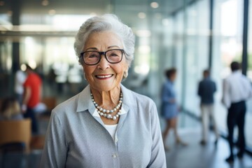 Wall Mural - Portrait of a cheerful elderly 100 year old woman sporting a breathable mesh jersey isolated in sophisticated corporate office background