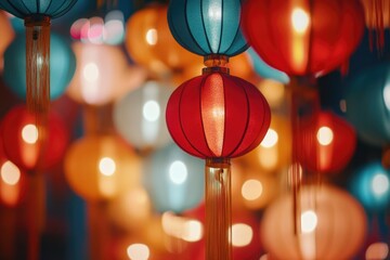 Poster - A collection of red and blue lanterns suspended from a ceiling, creating a warm and inviting atmosphere