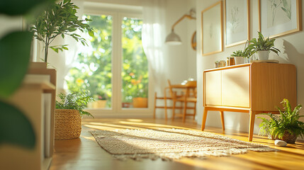 Wall Mural - A small, cozy hallway with soft warm lighting, wooden furniture, and a vintage rug on the floor