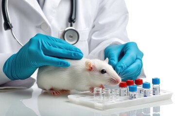 Poster - A scientist or medical professional holds a white rat, likely for experimentation or study purposes