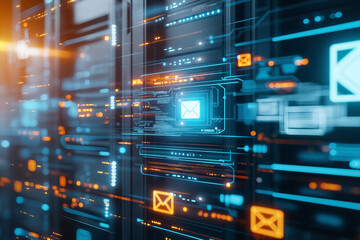 Poster - Abstract digital data server with glowing icons, representing network technology and email communication in a futuristic design.