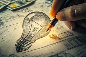 Sticker - A person sketches a light bulb idea on a piece of paper