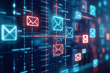 Poster - Digital glowing email symbols illustrating communication and technology in a futuristic, cyber-themed abstract background.