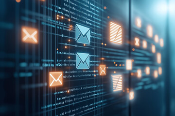 Poster - A digital panel displays email icons and network lines, symbolizing communication and data exchange in a futuristic tech environment.