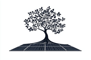 Artistic depiction of a tree growing over solar panels, symbolizing sustainability and eco-friendly energy solutions.