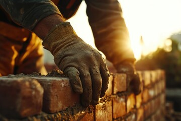 Poster - A person constructing a brick wall with individual bricks being placed into the structure