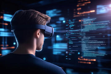 Poster - Man using virtual reality headset immersed in coding environment, exploring digital interface with futuristic graphics and programming code.