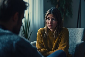 Poster - A woman sits in a chair talking to a man, a casual meeting or interview