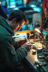 Poster - A person repairing electronic devices in a workshop setting, ideal for use in tech-related projects or backgrounds