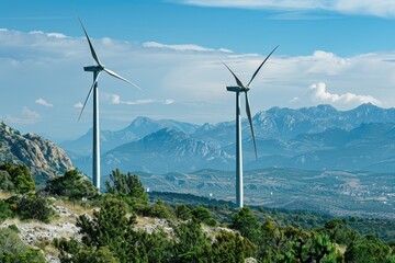 Poster - Three wind turbines sit atop a mountain against a blue sky