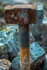 Poster - A hammer stuck in a pile of rocks, perfect for illustrations of stuck or broken tools