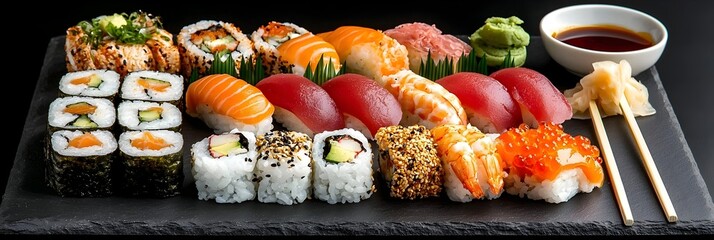 Poster - Assortment of Delicious Japanese Sushi Rolls Artfully Arranged on a Black Slate Platter with Chopsticks Showcasing the Vibrant Colors and Diverse Ingredients of this Traditional Asian Cuisine