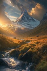 Poster - A scenic view of a mountain in the distance with a peaceful stream running through the foreground