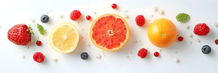 Poster - Assortment of Luscious Citrus and Berry Fruit Slices Scattered on a Transparent Glass Surface in a Minimal Appetizing Still Life Composition