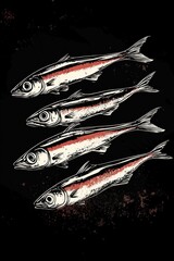 Poster - A compact image of three fish swimming together against a dark, solid-colored backdrop