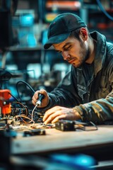 Poster - A person fixing electronic devices in a well-equipped workshop