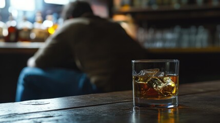 Aufkleber - A glass of whiskey sits on a wooden table, perfect for a cozy evening or a rustic setting