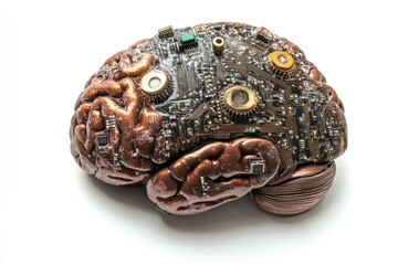 Poster - A detailed model of a human brain with electronic components, suitable for scientific or educational illustrations