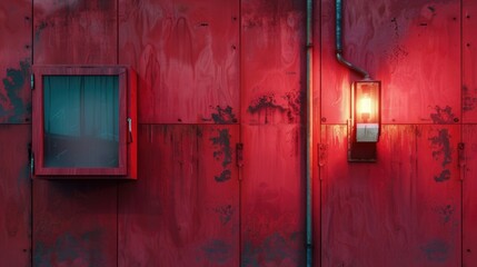 Poster - A red wall with a window and a light shining through