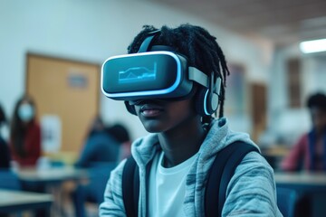 Poster - A student is learning with virtual reality technology in a school setting