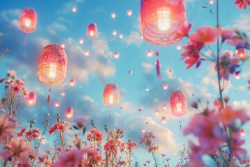 Canvas Print - A field of pink flowers with paper lanterns floating above, perfect for garden or outdoor themed projects