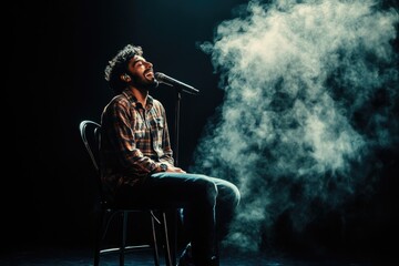 Aufkleber - A person giving a presentation or speech, with a chair and microphone setup
