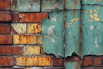 Poster - A worn out brick wall with peeling paint, ideal for use in historical or distressed themed designs