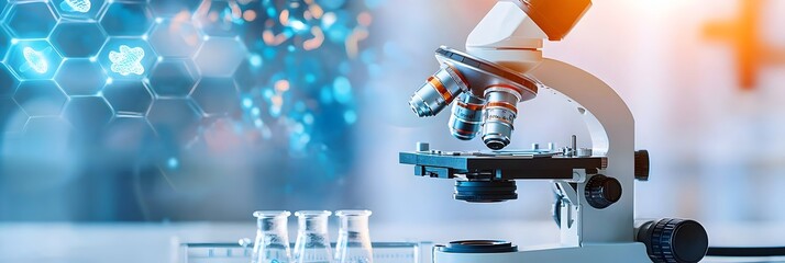 Poster - Close up detailed view of multiple glass and components of a scientific microscope representing the tools and equipment used in medical biological and chemical research and investigation