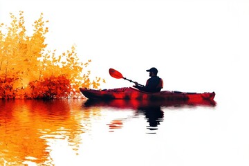 Poster - A person paddling a bright red canoe on calm waters, surrounded by nature