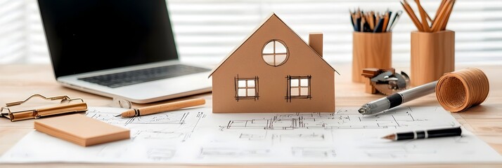 Poster - Close up view of detailed home blueprint sketches and architectural plans spread out on a wooden desk symbolizing the planning and design process for a new residential construction project