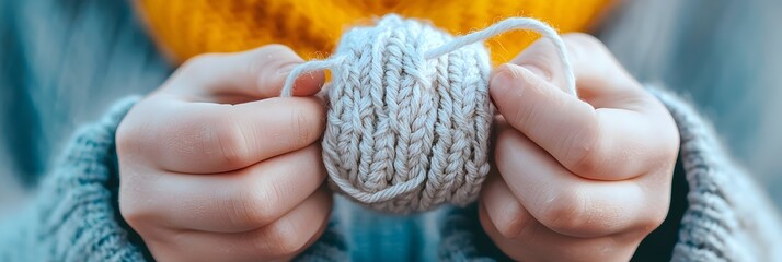 Poster - Close up view of hands gently knitting a warm handcrafted textile capturing a tranquil moment of slow living and domestic comfort