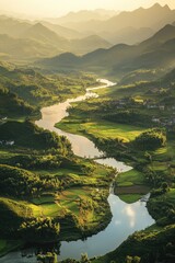 Poster - A serene river flows through a lush green valley with dense vegetation and rolling hills